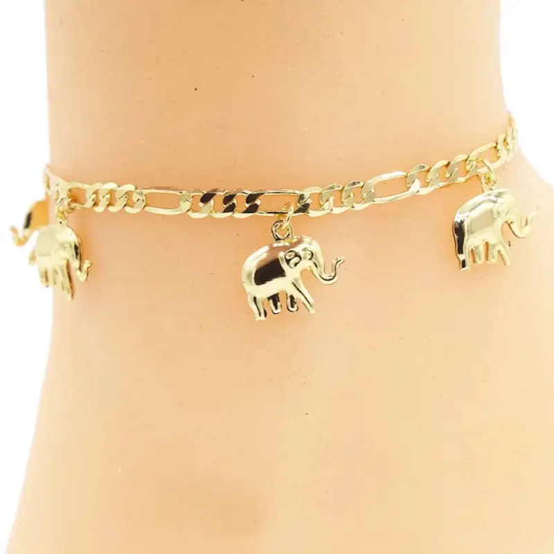9" 14K Gold Plated Anklet with Elephant Charms - Fashionable and Elegant Design for Daily Wear
