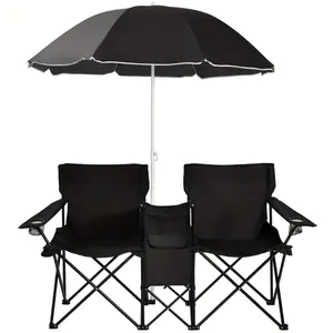 Portable Double Chair with Umbrella Table Cooler: Goplus Folding Picnic Beach Camping