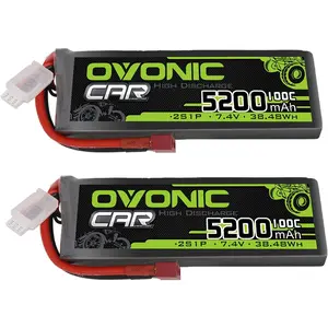 OVONIC Lipo Battery 2S Lipo Battery 7.4V 5200mAh 100C with Deans T Connector for RC Car Truck Vehicle Buggy Losi RC Model