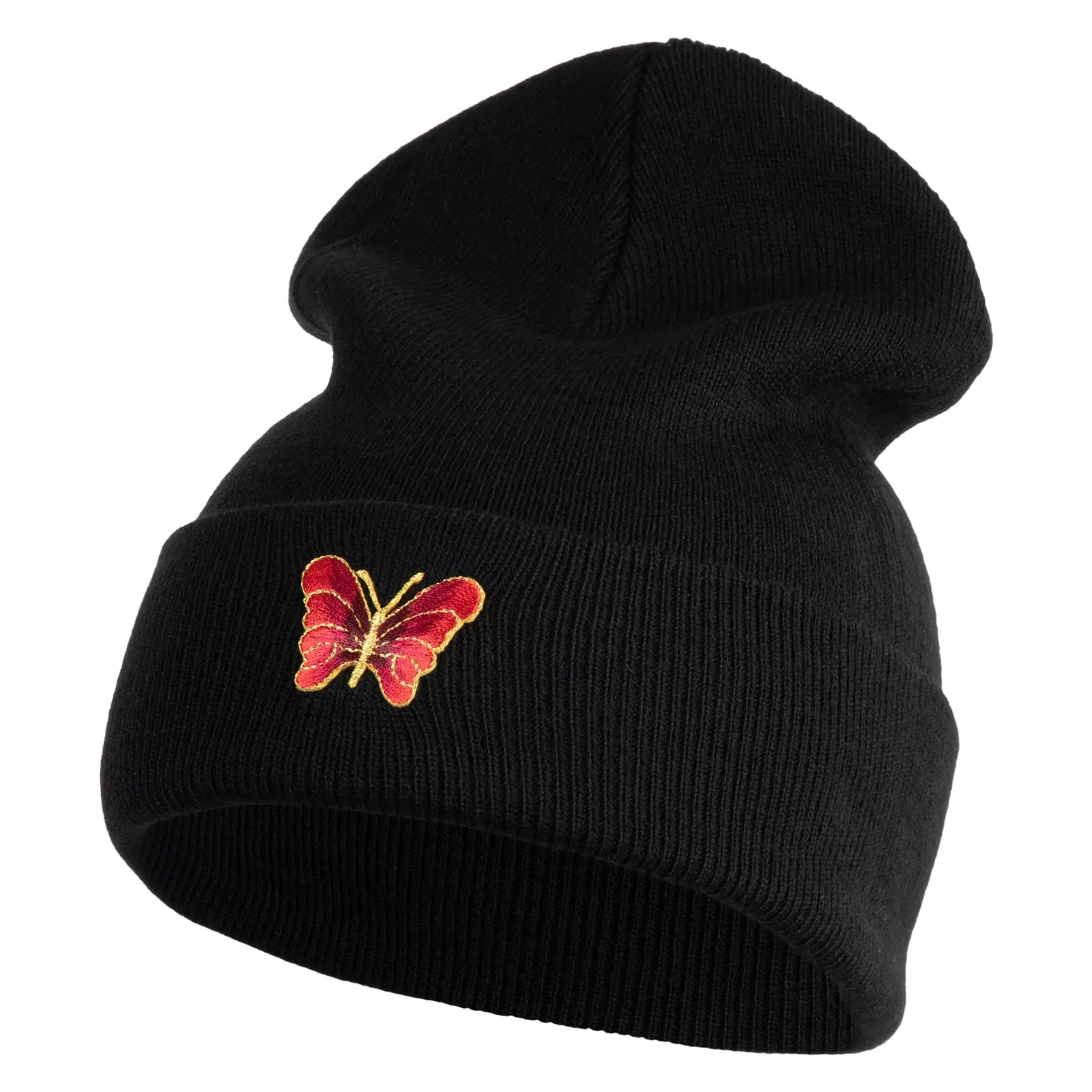 Small Decorative Red Butterfly Iron on Patched 12 Inch Long Knitted Beanie