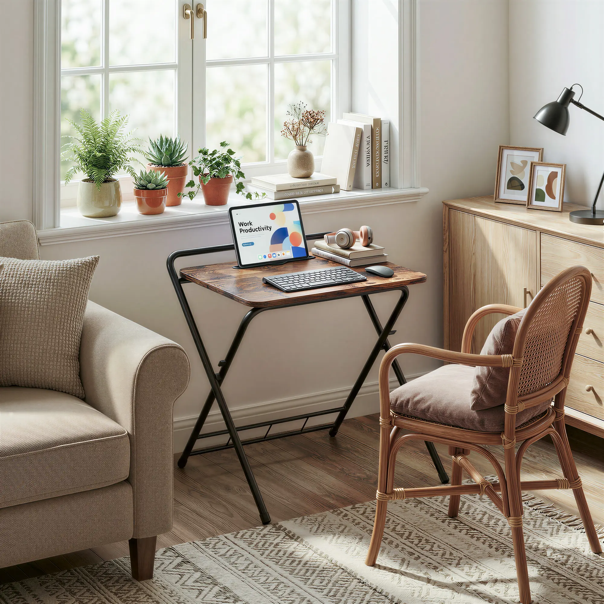【24.8" Foldable, 3-Level Height】 IRONCK Folding Desk with Adjustable Height & Tablet Slot, Industrial Snack TV Tray Table, Multi-Use Computer Writing Work Table for Home Office, Bedroom, Outdoor Patio