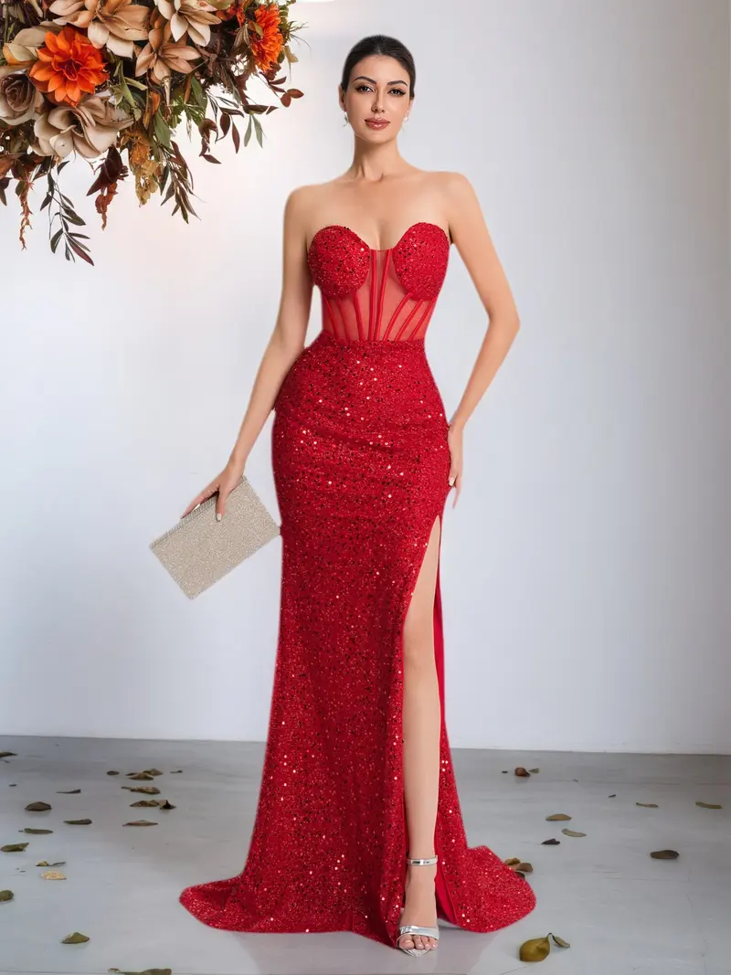 how to dress for winter formal Glitter Mirror Sequins Red Corset Prom Dress with Slit