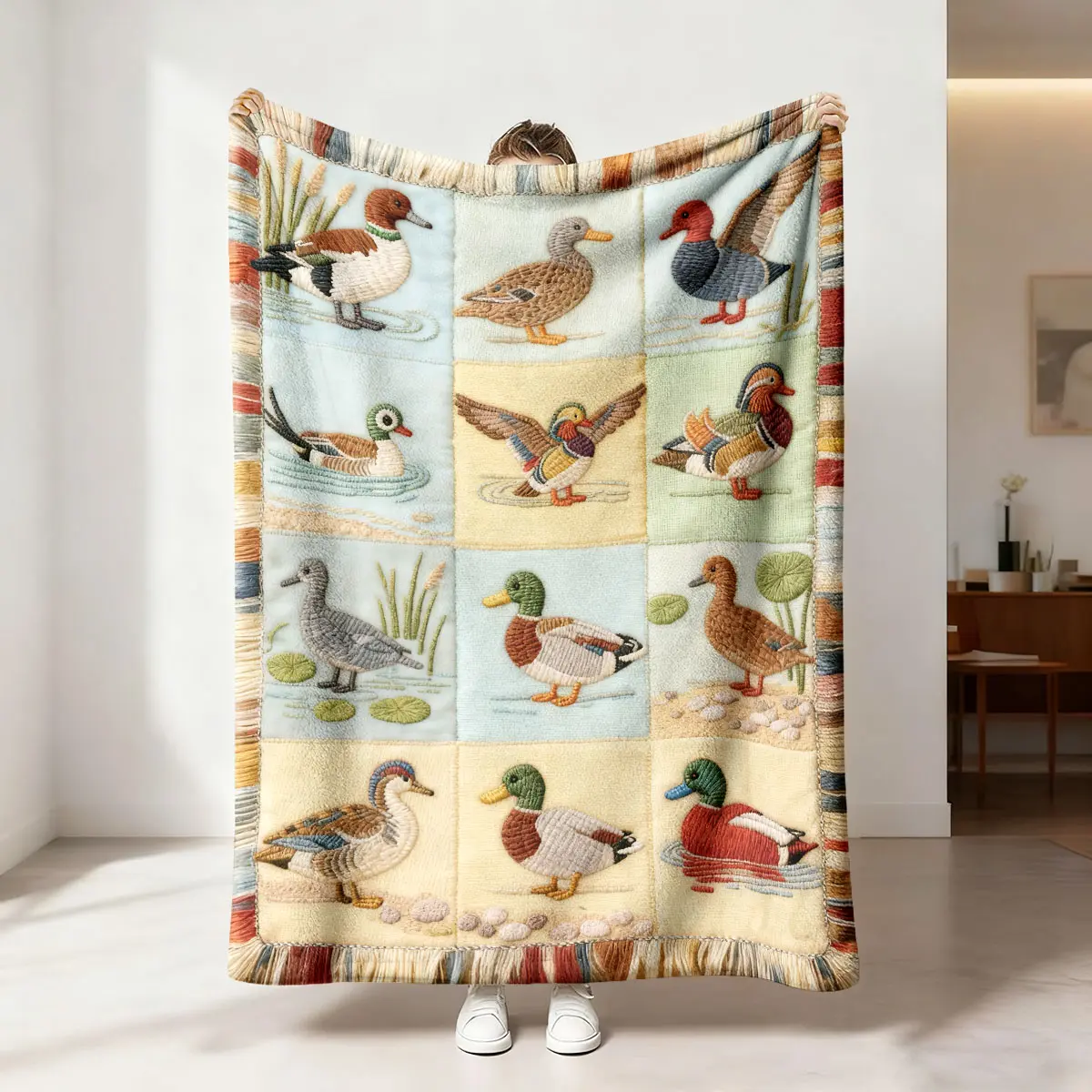 Water duck reed wetland theme blanket, green head water duck, reed, water-pattern element flannel cozy blanket suitable for sofa bedroom travel soft skin-friendly blanket, Blanket for couch, Decorative Giftable Animal Blanket