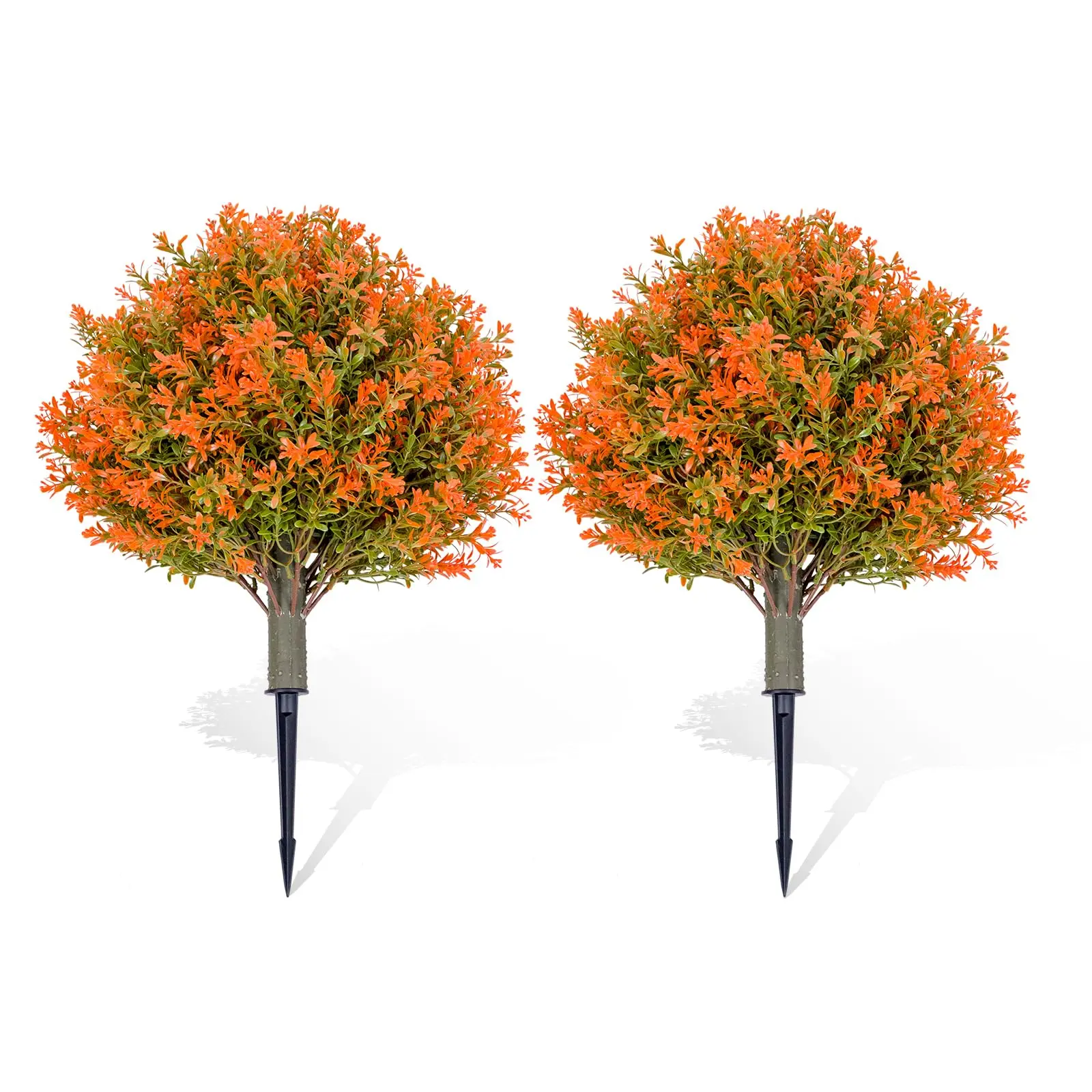 19.6" Tall Artificial Topiary Trees (2-Piece Set) with Metal Ground Spike, Outdoor Home Decor Plants & Ornaments for Front Porch, Garden, Christmas