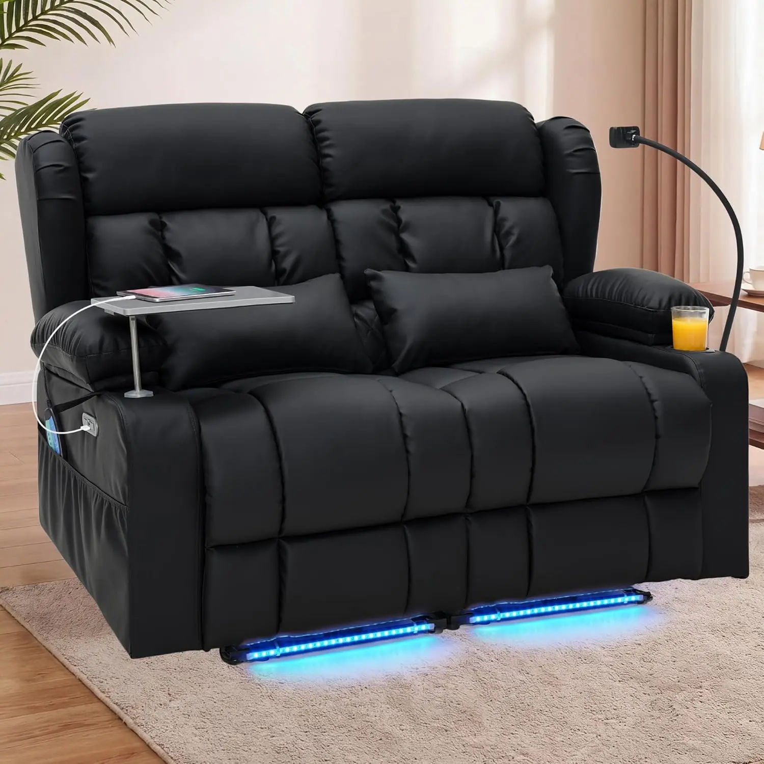【JOYVELLEHEIM】Ergonomic Power Loveseat Recliner Comfy Couch with Fixed Arms for Adults - Massage & Heat, LED Lighting Theater Seating, USB/Type-C Ports, Hidden Storage, 360° Tray Table & Cup Holder, Multiple Fabrics, Multi-Color for RV, Watch Party, Remot
