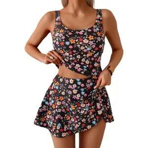 Women Tummy Control Two Piece Bathing Suit High Waisted Tank Top with Swim Skirt