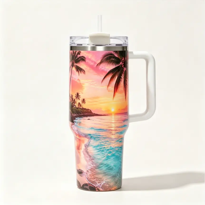 40oz Colorful Portable 304 Stainless Steel Vacuum Insulated Flask Tumbler with Handle - Vibrant Tropical Palm Tree Pink Sunset Turquoise Ocean Beach Landscape Print, Leakproof, for Summer Beach Travel, Ideal Gift for Vacation Lovers, Flasks, Insulation