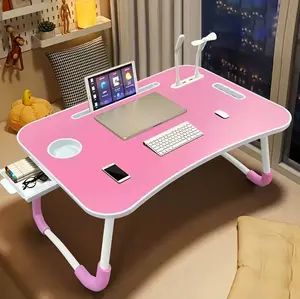 Laptop Bed Desk, Folding Lap Desk with 4 USB Ports, Wind Fan, LED Light, Cup Holder and Side Drawer for Working, Reading, Writing, Eating on Bed, Sofa, Floor