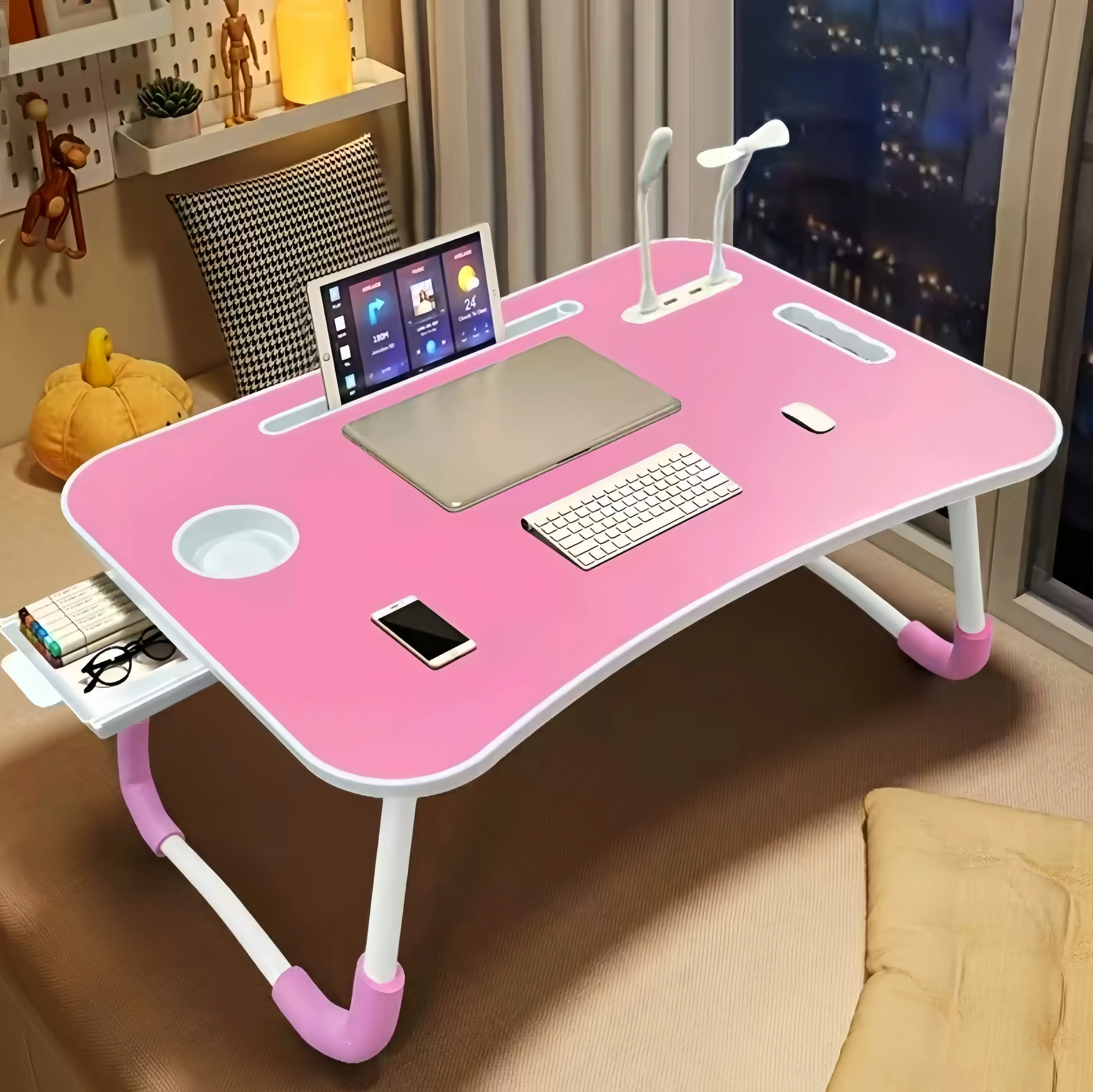 Laptop Bed Desk, Folding Lap Desk with 4 USB Ports, Wind Fan, LED Light, Cup Holder and Side Drawer for Working, Reading, Writing, Eating on Bed, Sofa