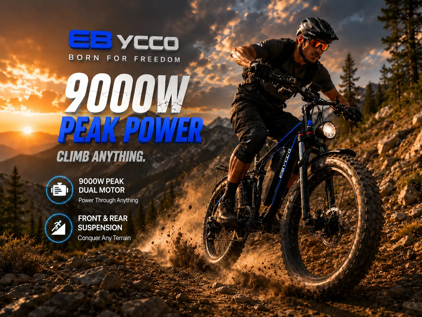 EBycco EB7PRO Adult Electric Bike Peak 6000W/9000W Dual Motor, 52V 32AH, 40-45  Max  , 100 mi Long Range, Hydraulic Disc Brake, 24"/26" Full Suspension, USB Port, Aluminum Frame, with Lights, Camping Essential detachable battery   mph speed