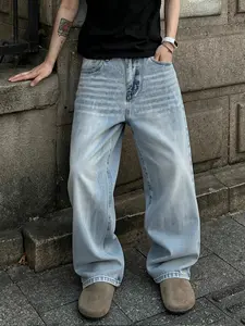 Men's Y2K Hip-Hop Style Light Wash Vintage Jeans | Loose Straight-Cut Street-Style Jeans for Retro Urban High Street Casual Daily Wear