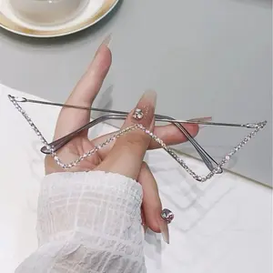 Vintage Diamond Decor Half Frame Metal Glasses No Lens Fashion Eyewear for Women Party Styling Decorative Eyeglass Frame