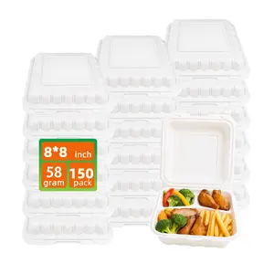 8*8 3-Compartment 150-Pack Plastic Clamshell Food To Go Box Containers Carryout For Sandwich Salad Heavy Duty Disposable Hinged With Secure Snap Lid To Go Containers Microwave and Freezer Safe - Reusable & Disposable Heavy Duty Clamshell Takeout |
