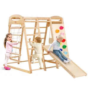VEVOR Indoor Jungle Gym, 7-in-1 Toddler Indoor Playground, 47.2 x 58 x 56 inch, with Wood and Rope Ladder, Net Ladder, Swing, Monkey Bar, Slide, Climbing Wall, Wooden Indoor Climbing Toys for Kids