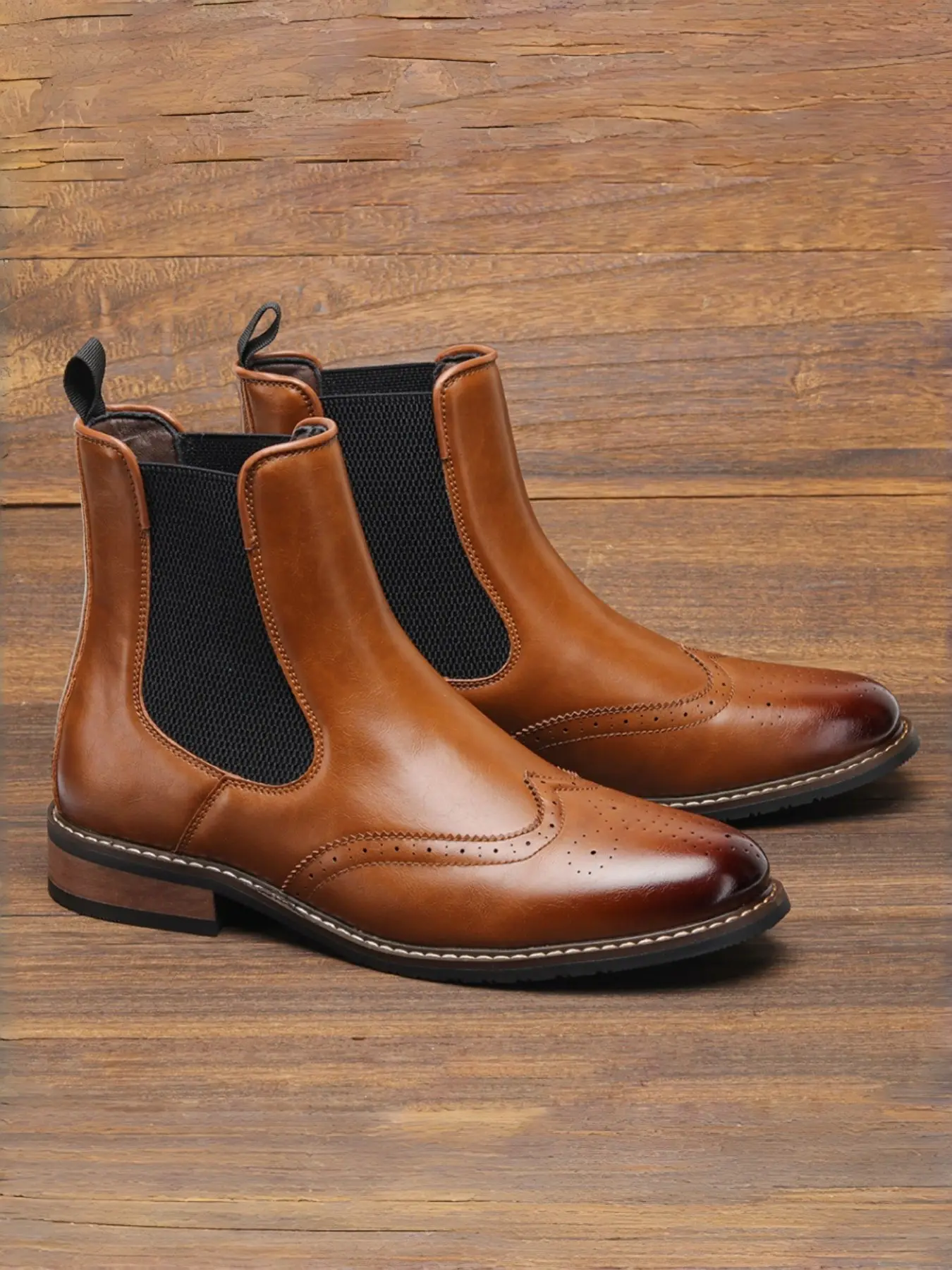 Men's Vintage Brogue Chelsea Boots, Footwear, PU Leather Elastic Side, Easy Wear, Rubber Anti-Slip Sole, Business Casual Daily Wear, Walking Shoes