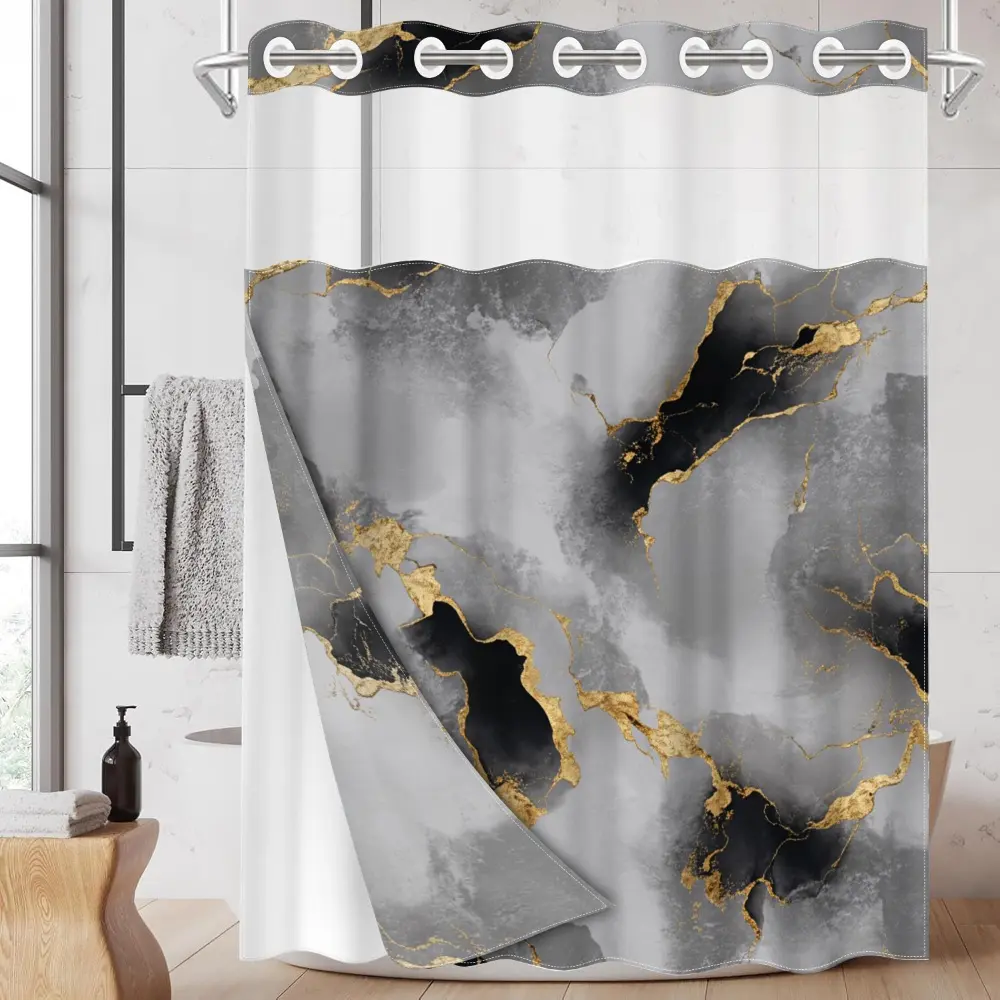1pc hookless shower curtain, Aesthetic Bathroom shower curtain, curtain with buckle lining, grey, white marble texture design, 2D printing, fabric waterproof lining, see-through double-layer shower curtain, 71 x 74 inches, modern home curtain
