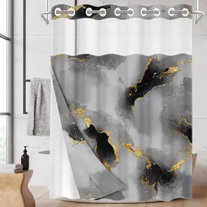 1pc hookless shower curtain with buckle lining, grey, white, gold and black marble texture design, 2D flat printing, fabric waterproof lining, see-through double-layer shower curtain, 71 x 74 inches, modern home draping curtain, Shower Curtain Liner