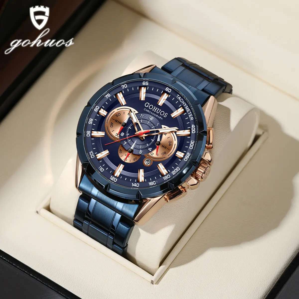 GOHUOS Men's Watch – Elegant Premium Design Chronograph, Stainless Steel Strap, Water Resistant Quartz Calendar Wristwatch for Daily Wear