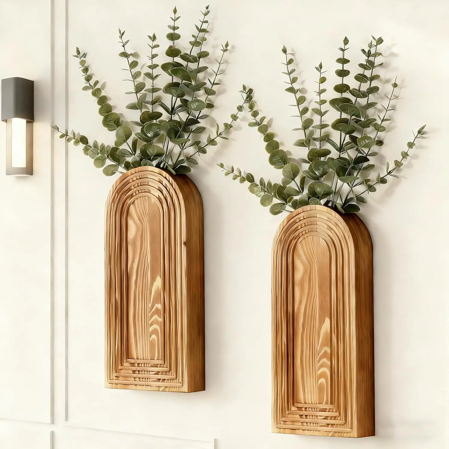 Yilybuy 2-Piece Boho Lightweight Wooden Wall-Mounted Dried Flower Holder - Decorative Minimalist Rustic Home Decor, Eucalyptus/Artificial Plants Display for Living Room Gallery Wall