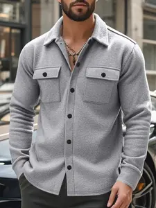 Men's solid color thin fleece lapel jacket, regular fit button front cardigan coat, autumn and winter season daily casual wear, men's casual simple coat, men's clothing, men's wear.
