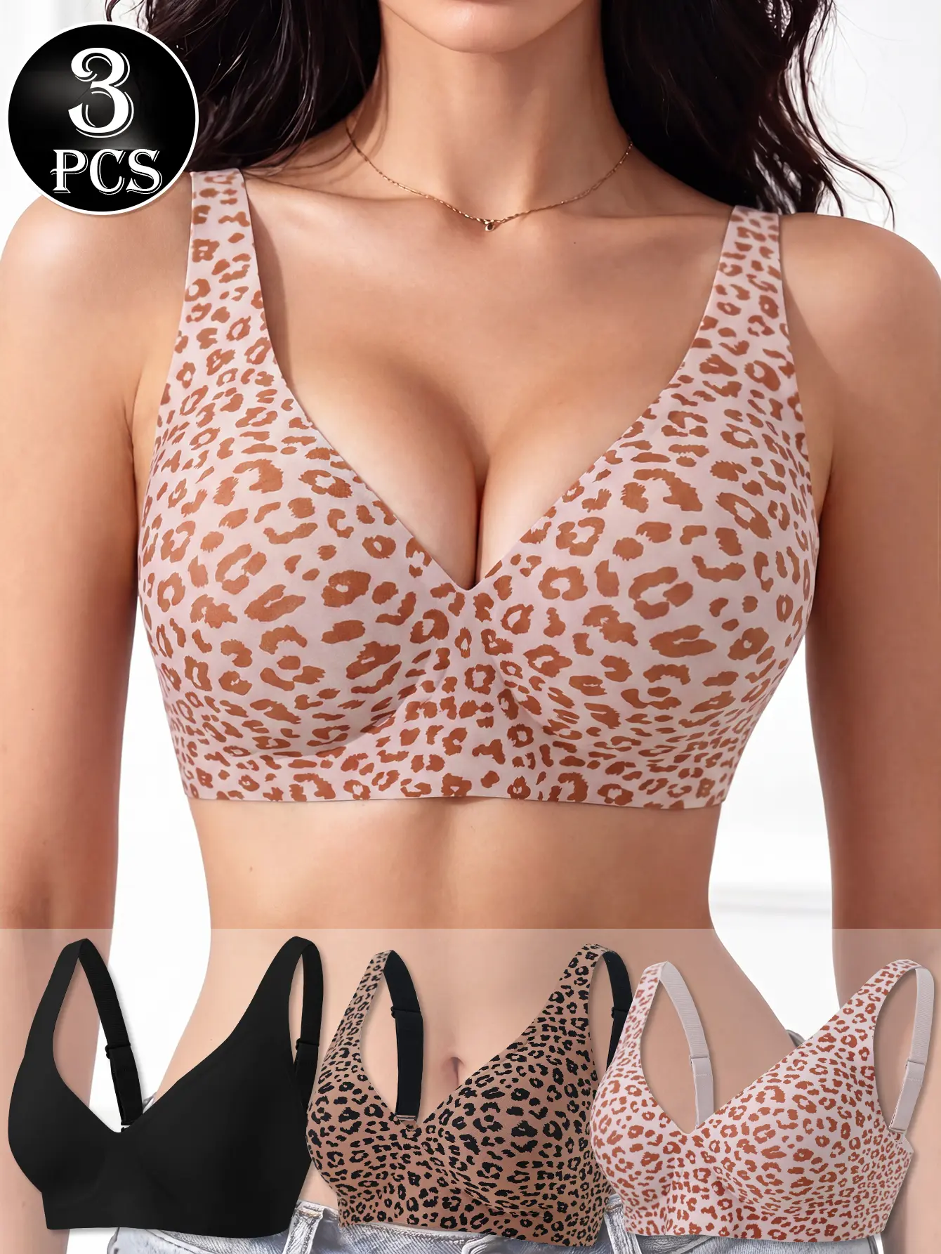 3-Pack Women's Jelly Cup Seamless Wireless Bra V-Neck for Everyday Lounge, Quick-Dry Breathable Moisture-Wicking Stretch, Removable Padded Cups, Adjustable Thin Straps, Multi-Hook Back, Leopard Splice & Solid