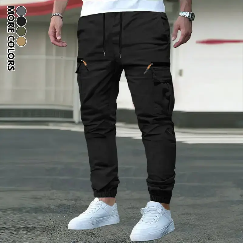 Men’s Multi-Color Drawstring Cargo Pants - Lightweight, Wear-Resistant, Wrinkle-Resistant Menswear Workwear with Elastic Waistband, Zipper Accents, Breathable Fabric for Street Style, Outdoor Activities, Plain