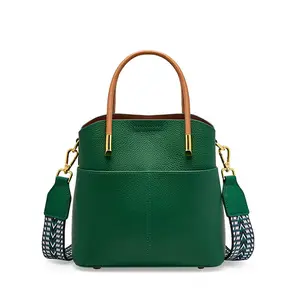 Isabella Leather Bucket Bag - Green Genuine Cowhide with Double Shoulder Straps & Secure Zipper Closure - Effortlessly Versatile Casual Luxury