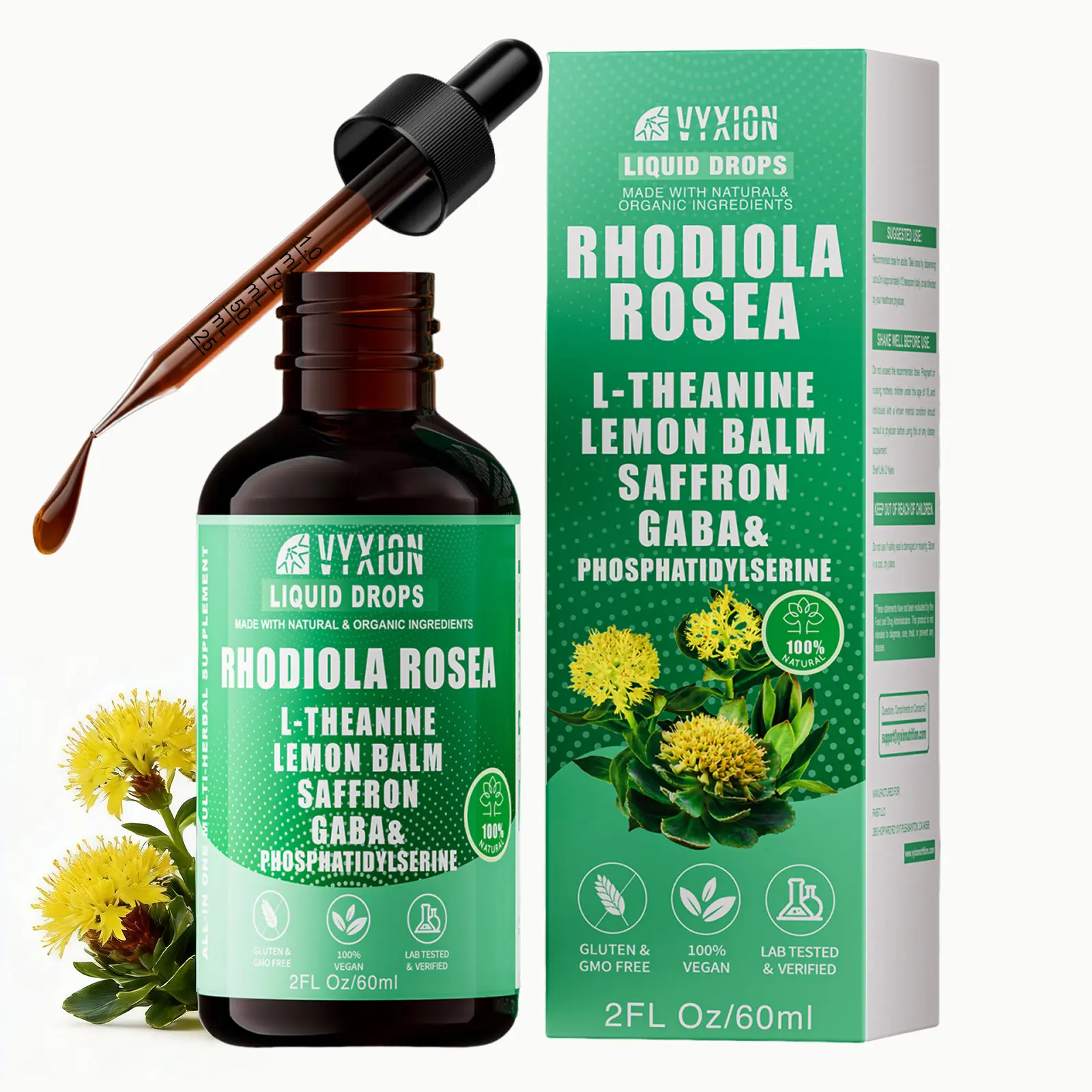 VYXION Organic 10 in 1 Rhodiola Rosea Liquid Drops, Rhodiola Rosea Supplement for Mood Support, Relaxing Root Extract Liquid Drops, with L-Theanine, Lemon Balm, Saffron,  Gaba&Phosphatidylserine for Natural Relaxation and Energy