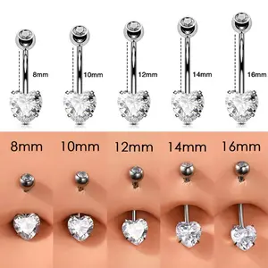 Oufer 14G 8-16mm Titanium Internally Threaded Classic Heart AAAAA+ CZ Belly Button Rings - 5 Lengths Available for Sensitive Skin Friendly Body Jewelry