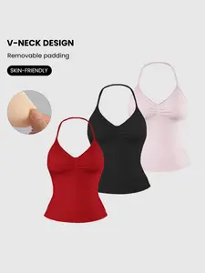 Women's 3-Piece Halter Tank Top Sleeveless Sports Vest, Shockproof High Elasticity, Gym Yoga Pilates Running Strapless Back Support, Yoga Workout Vest, Solid Sports Vest