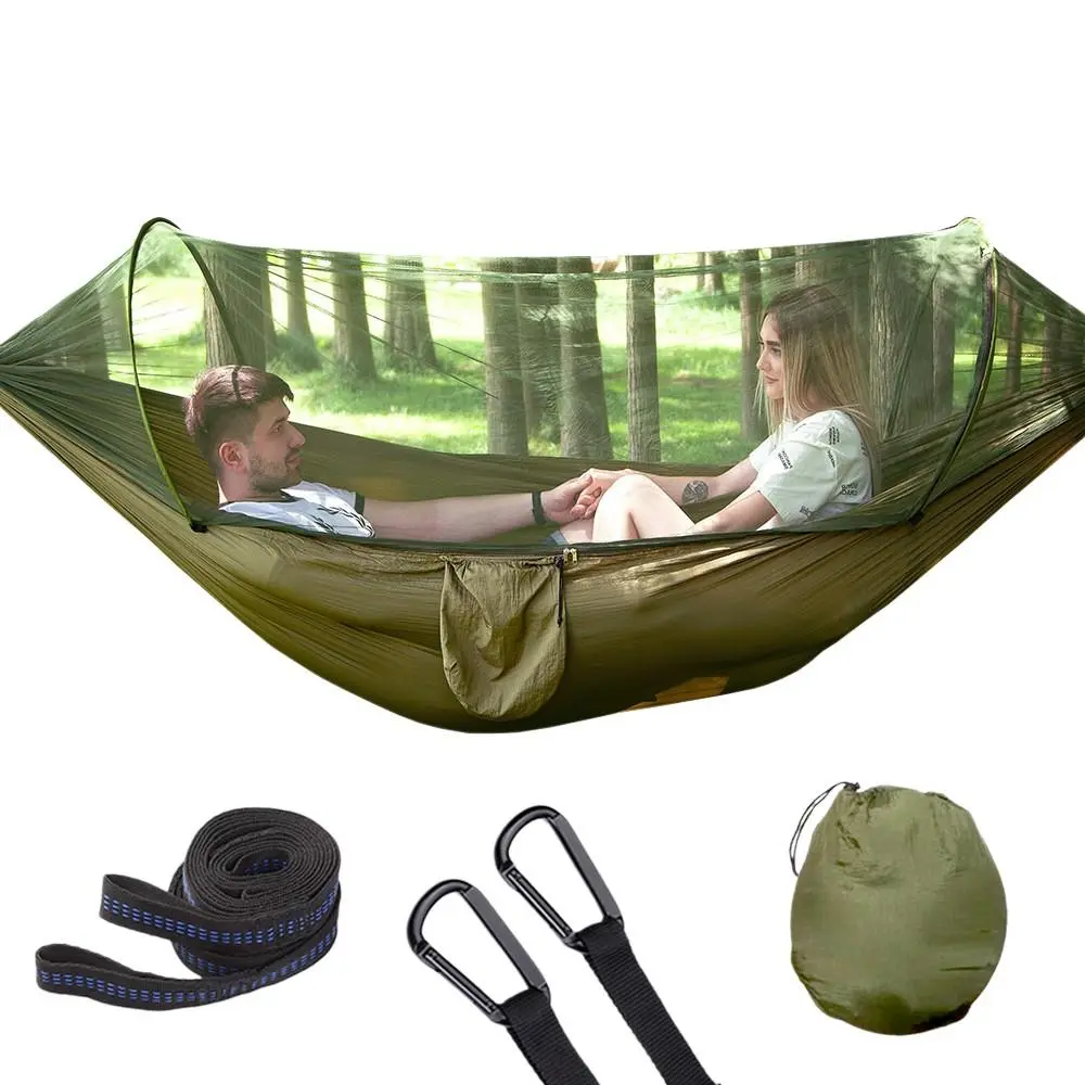 Quick-Set Mosquito Net Hammock, Outdoor Single/double Nylon Camping Hammock, Breathable Anti-Mosquito, Anti-Slip, Includes Accessories， Includes 2 Tie Straps, 2 Steel Carabiners, and a Storage Bag