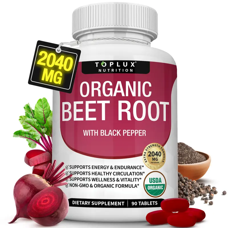 Toplux Organic Beet Root Tablets -  Nitric Oxide Booster Beetroot Supplement 2040mg