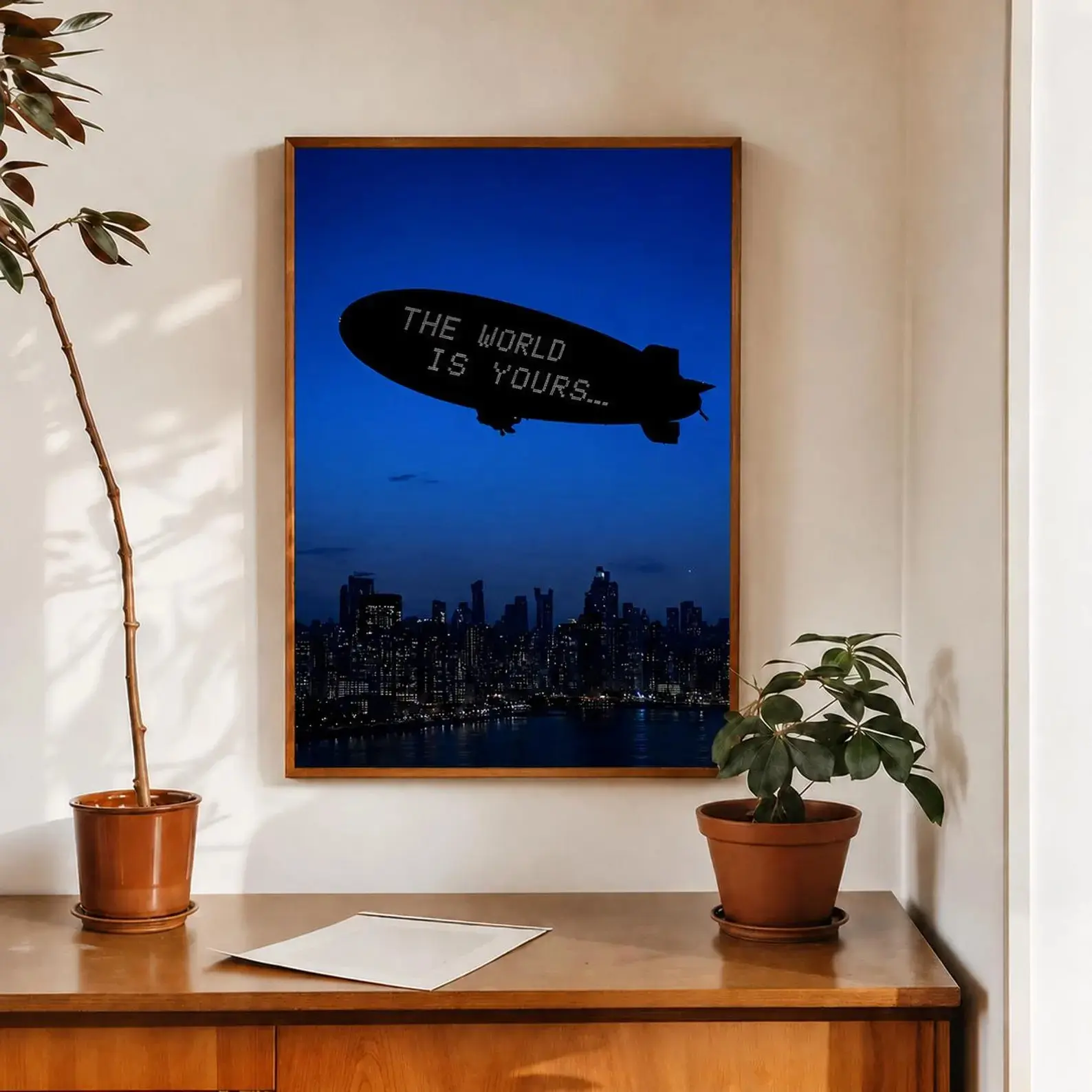 The World Is Yours Poster Unframed , Motivational Wall Art, Blue Cityscape Blimp Print, Modern Office Decor, Inspirational Framed Poster, Art Gift