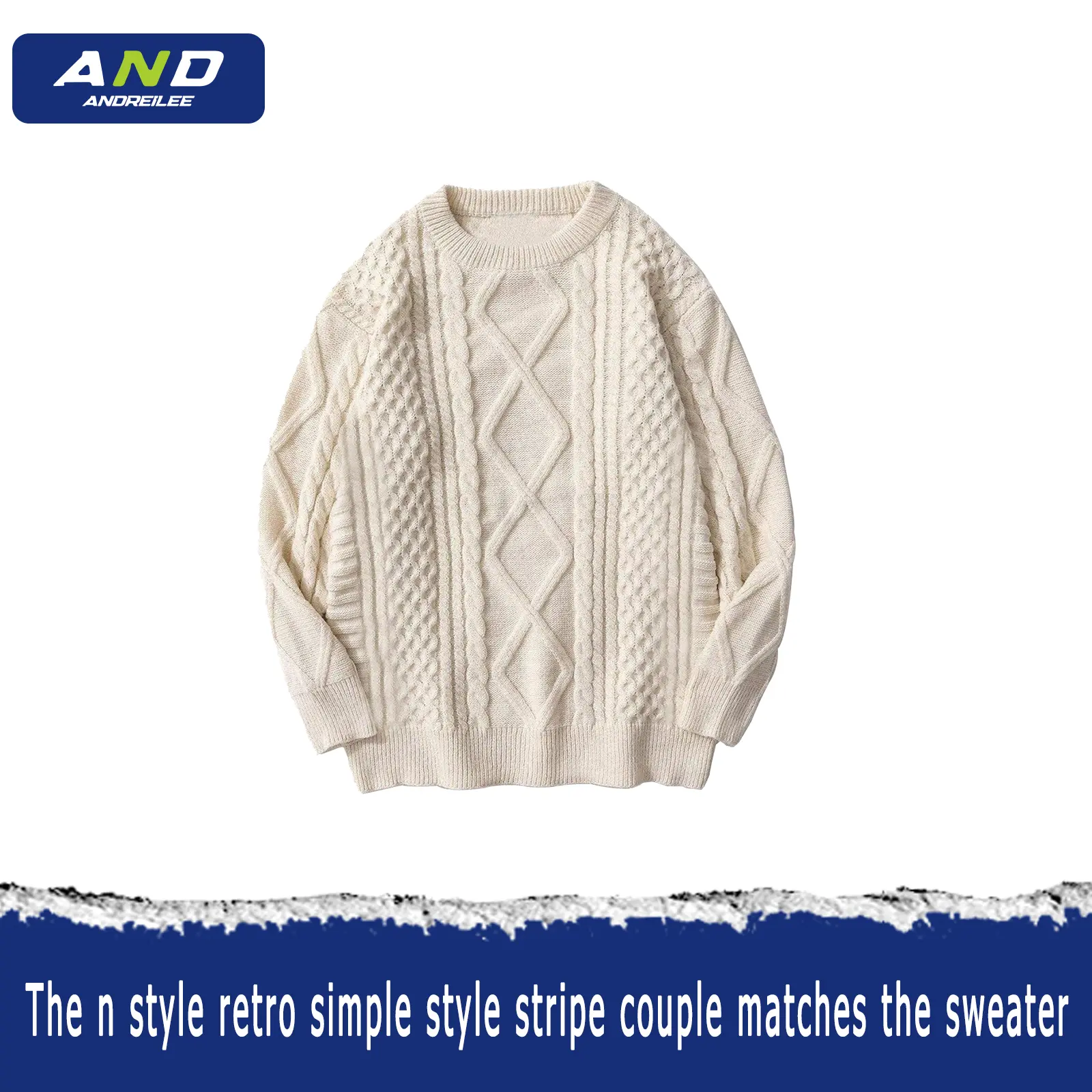 ANDREILEE Vintage diamond checked twist crewneck sweater man Loose long-sleeved knitwear rodney's  sweater