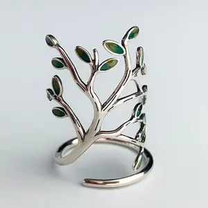 Vintage Olive Tree Branch Green Leaves Vine Open Silver Ring Adjustable Rings Stackable Rings