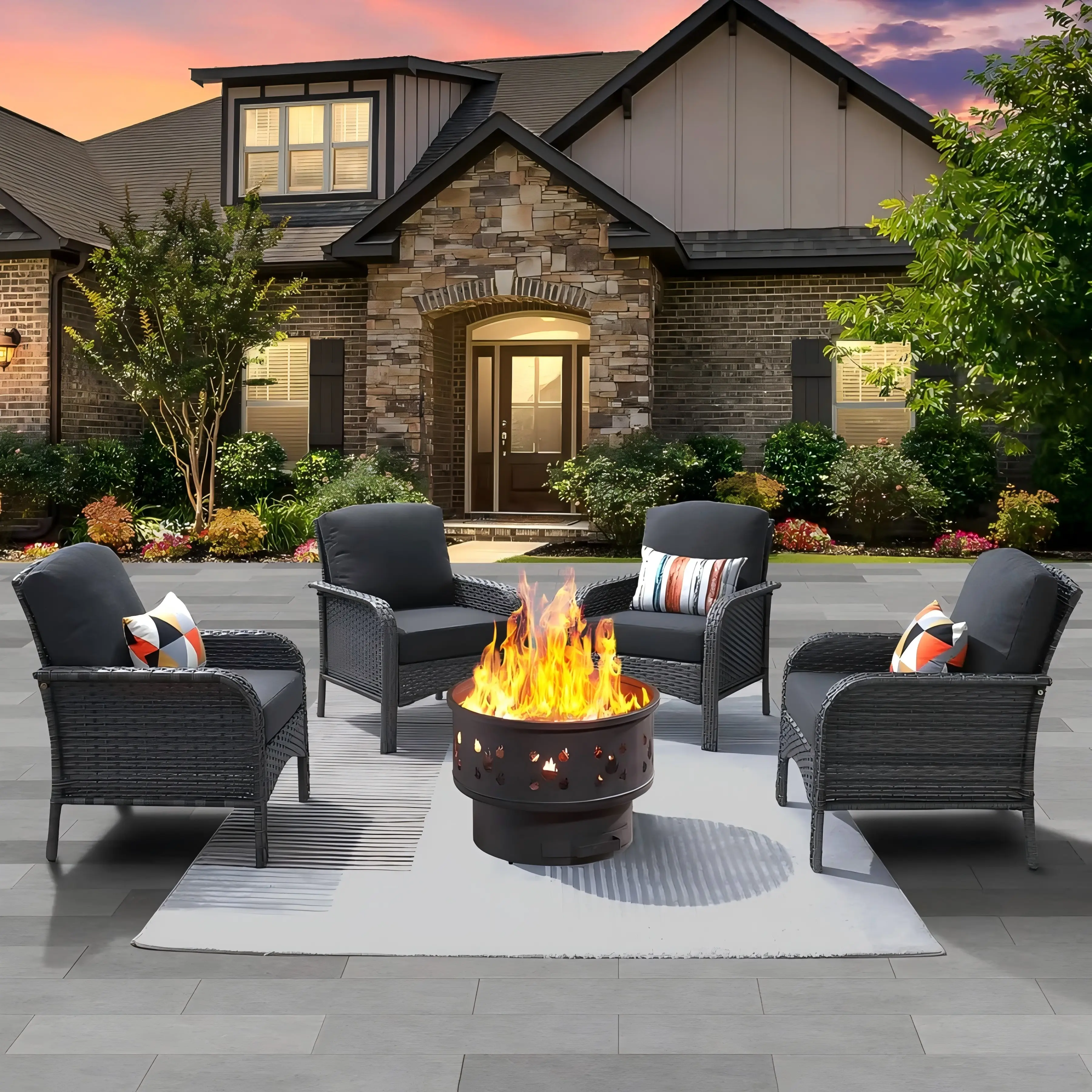 【Summerfinds】OVIOS 5-Piece Outdoor Patio Furniture Set with Round Fire Pit Table, All-Weather Grey Wicker Chairs with Cushions for Backyard Patio Porch Deck Garden Balcony Outdoor Seating Furniture Set Lounge