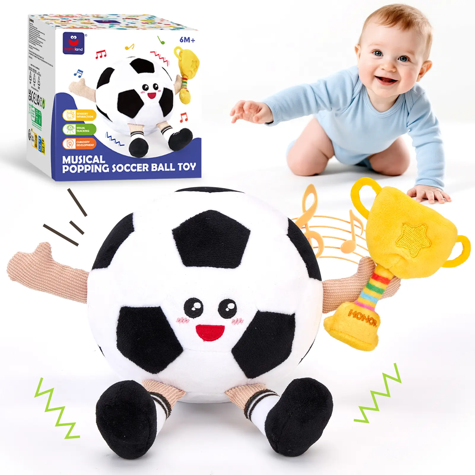 Hahaland Musical Dancing Football Soccer Plush Toy - 48 Songs & Repeat What You Say - Baby Infant Toy Interactive Tummy Time Toddler Toy with Music & Bouncing Crawling Baby for 6-12 Months, Birthday Holiday Baby Shower Gift Toy for Boy Girl