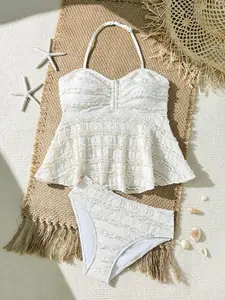 Teen Girls Jacquard Tankini Swimsuit | Pleated Cup Design, Solid Color, Trendy European & American Beachwear for Summer Holidays