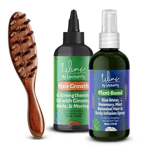 Locsanity 3-Piece Plant-Based Loc Care Bundle - Wini Castor & Rosemary Growth Oil, Wini Smooth Rice Water Spray, Sandalwood Loc Brush for Dreadlocks Haircare with Pleasant Aroma