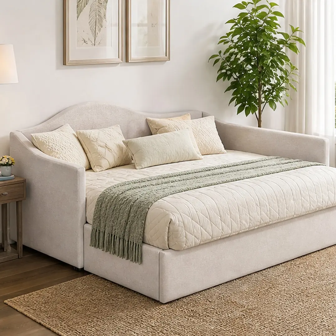 ARCH Twin Size Upholstered L-Shaped Daybed with Pop Up Trundle, Beige Linen, No Box Spring Needed, Convertible Twin to King, for Kids Guest Room Living Room, 80L x 42W x 33H in, Twin Size Options, Beige Color Options, Upholstered Material