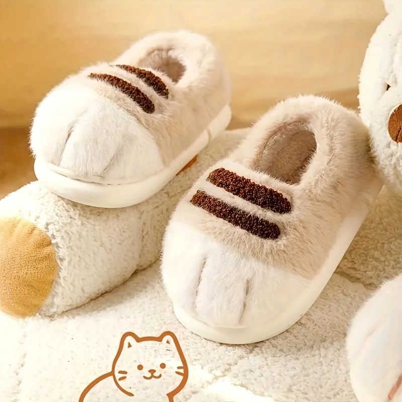 Unisex Cartoon Cat Paw Plush Slippers - Fuzzy Warm Thick-Soled Home Footwear, Soft Fluffy Slip-On Indoor Shoes, Round Toe PVC Sole for Men and Women, Fuzzy Warm Slippers, Soft Fluffy Footwear, Thick Soled Slippers