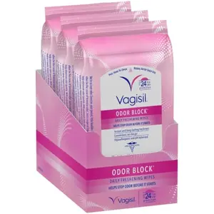 Odor Block Daily Freshening Wipes for Feminine Hygiene in Resealable Pouch, Gynecologist Tested & Hypoallergenic, 20 Wipes (Pack of 3)
