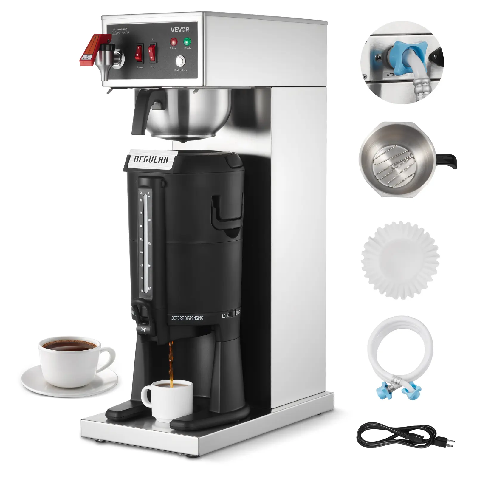 【Summerfinds】VEVOR Commercial Drip Coffee Maker, 16-17 Cups Machine with 2.5 L Thermal Carafe, Keep Warm for 4 Hours, Stainless Steel Brewer with Auto Water Filling, for Restaurant, Office, Coffee Shop & Home