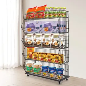 CNCEST 5-Tier Durable Freestanding Retail Display Organiser - Rectangular Open Slanted Baskets, Wheels, Wear-Resistant Sturdy Metal Kitchen Rack Shelf for Fruits, Vegetables