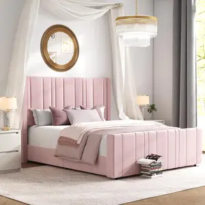 HOMBCK Bed Frame, No Mattress, Soft Velvet, with Vertical Channel Tufted Wingback Headboard & Footboard, Noise Free, Easy Assembly