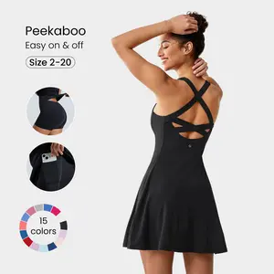 GLOWMODE FeatherFit-Air Peekaboo Mini Dress With Built-In Shorts Pocket Square Neck Anti-Slip Crisscross Light Support Low Impact