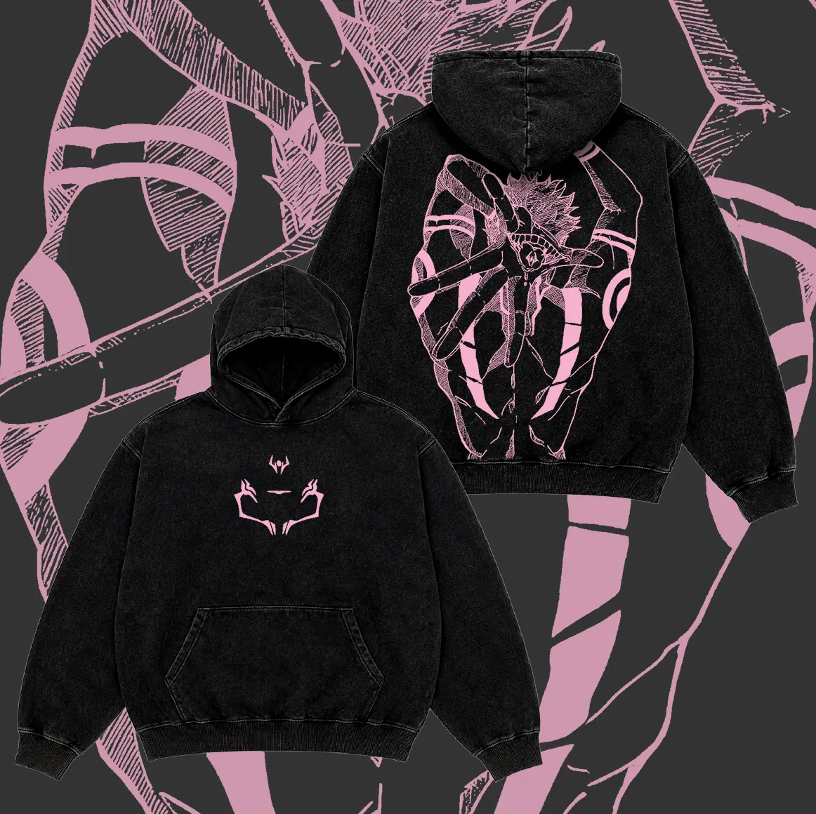 Men's Jujutsu Kaisen Ryomen Sukuna Vintage Washed Oversized Pullover Hoodie - Double-Sided Pink Anime Manga Graphic, Long-Sleeve Casual Streetwear Sweatshirt with Kangaroo Pocket, Ribbed Fabric Garment, Relaxed Fit, Tops, Sweatshirts