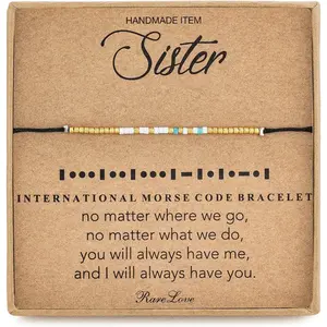 Morse Code Beaded Bracelet - Sister Birthday & Long Distance Friendship Gifts - Waterproof Gold, Blue, White Tiny Pony Seed Beads on Black String