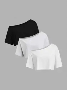Summer Short Sleeve Off-Shoulder Graphic Top Set, Loose Fit Casual Women's Clothing, Three-Piece Fashion