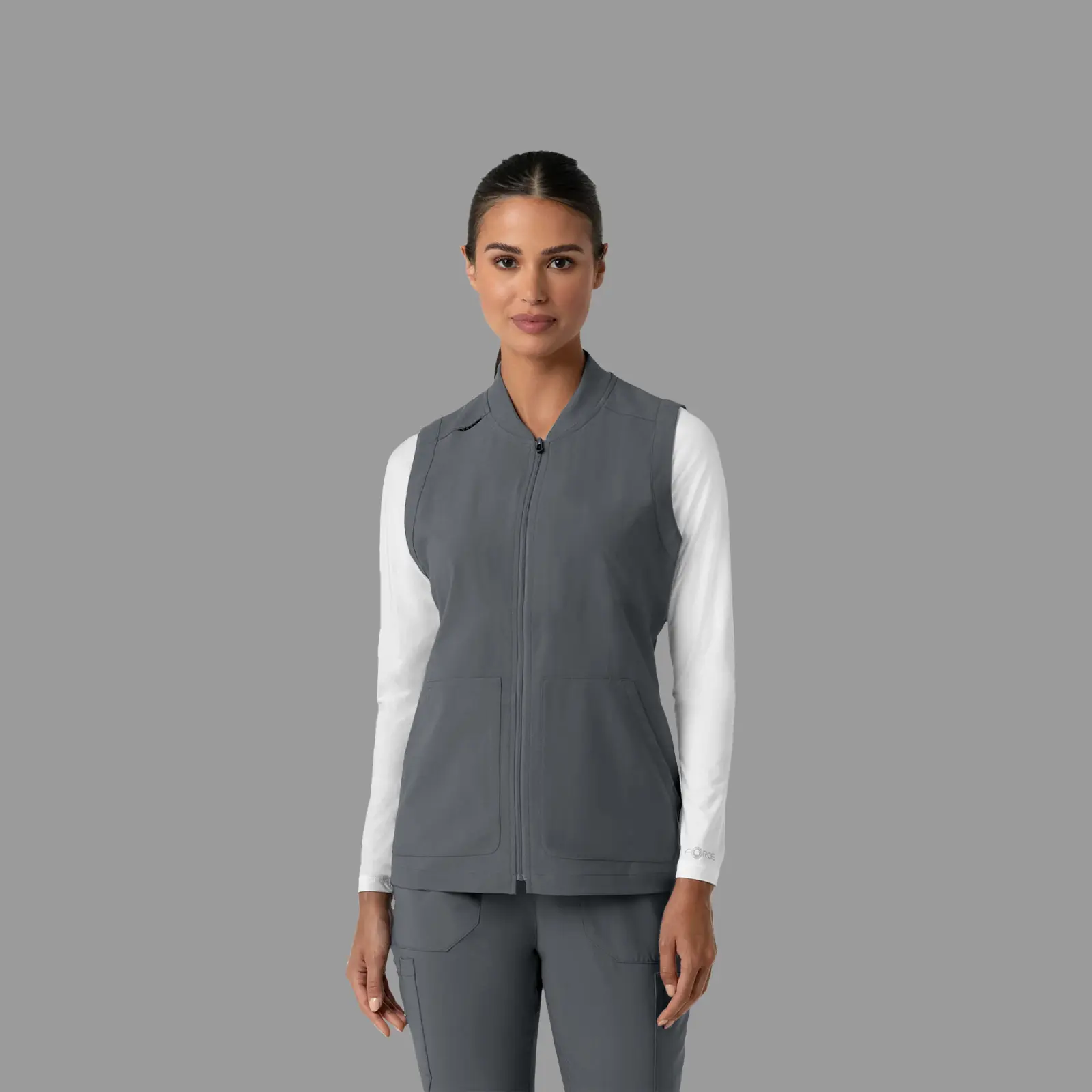 Cimmuovere Women's Sleeveless Grey Vest Top Regular Fit Baseball Collar Zip-Front Scrubs Set for Healthcare Work Breathable Polyester Blazer with Pockets Casual Style Uniforms